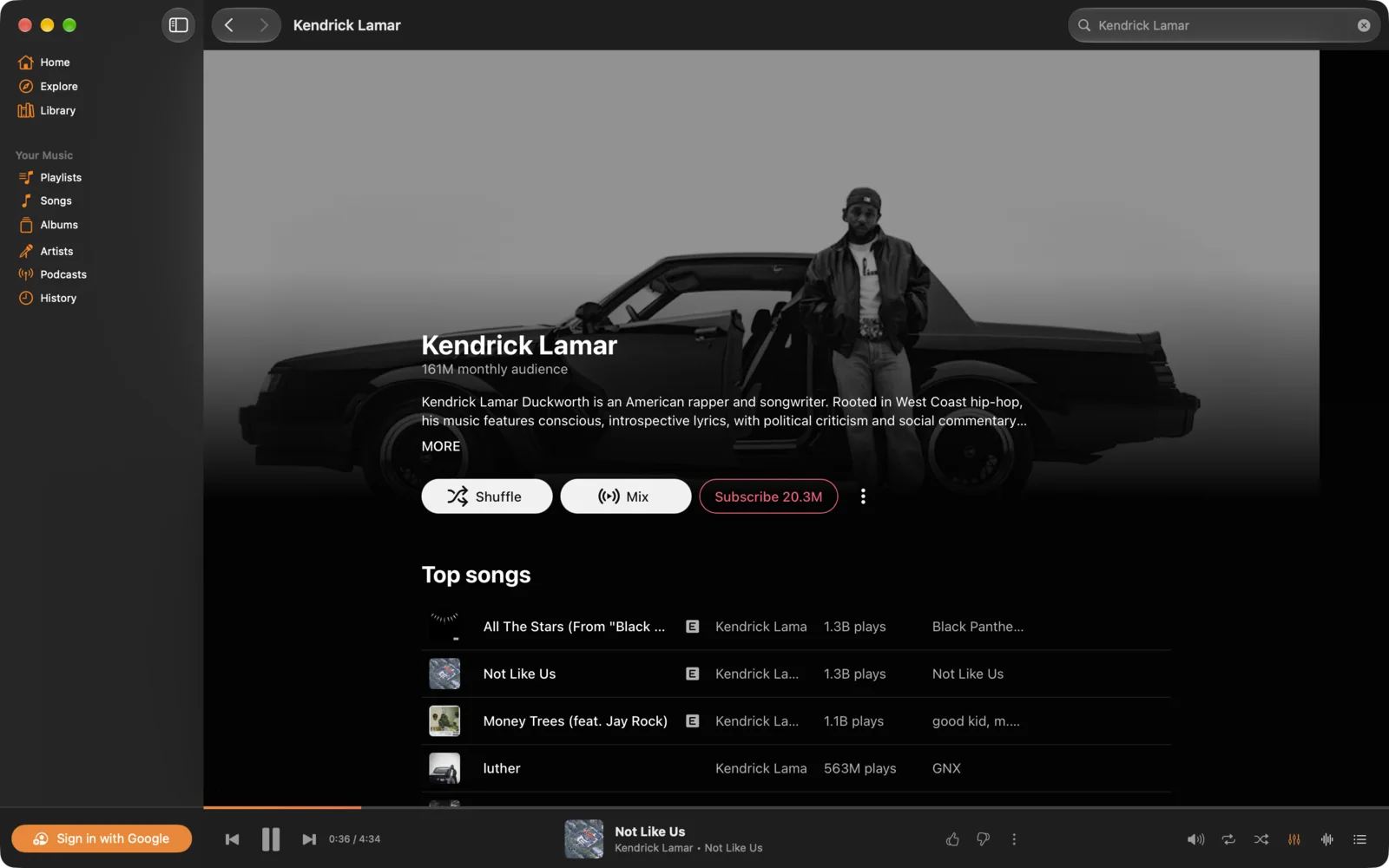 Kendrick Lamar's artist page in Songtide