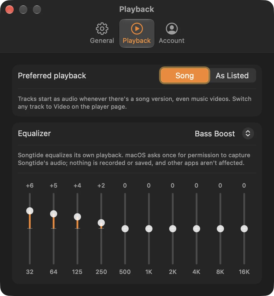 Songtide's equalizer settings with the Bass Boost preset