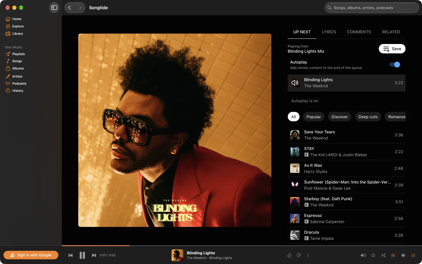 Songtide playing Blinding Lights by The Weeknd, with the album art beside the Up Next list and Songtide's player bar along the bottom