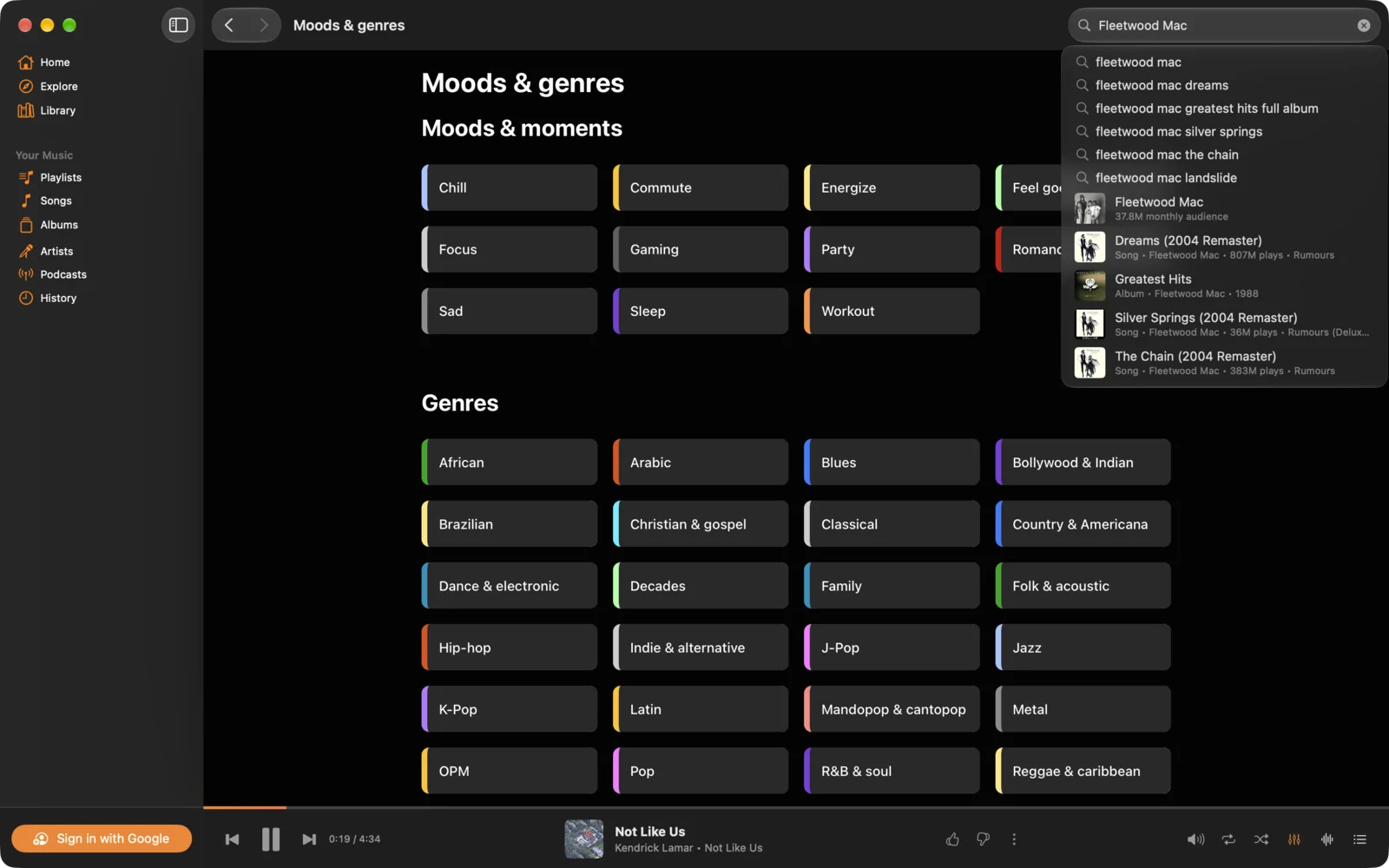 Search suggestions over YouTube Music's moods and genres