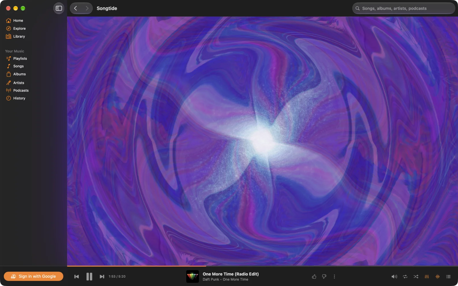 The visualizer filling Songtide's window with swirling purple light